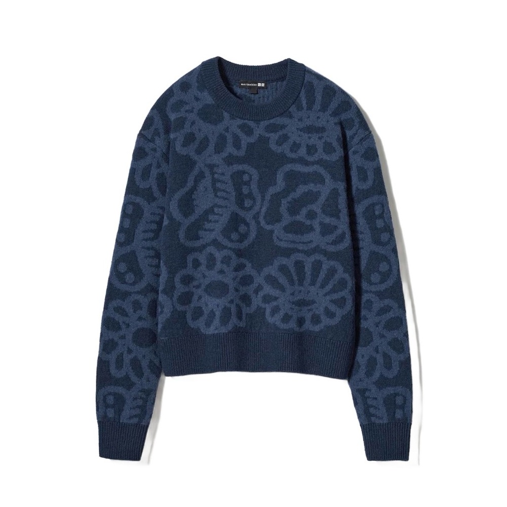 NWT Marimekko x Uniqlo 100% Lambswool Crew Neck Sweater Navy Blue